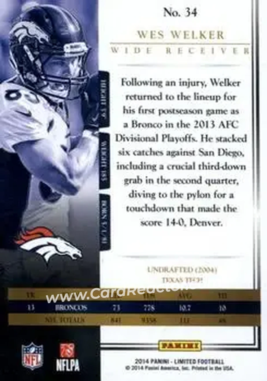 2014 Panini Limited #34 - Wes Welker - Denver Broncos - Back