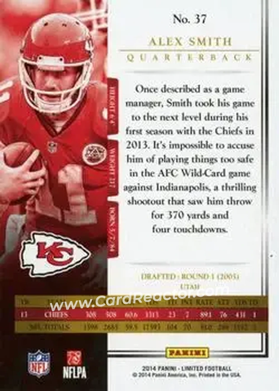 2014 Panini Limited #37 - Alex Smith - Kansas City Chiefs - Back