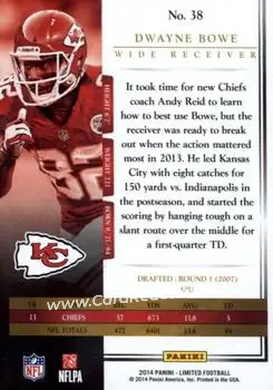 2014 Panini Limited #38 - Dwayne Bowe - Kansas City Chiefs - Back