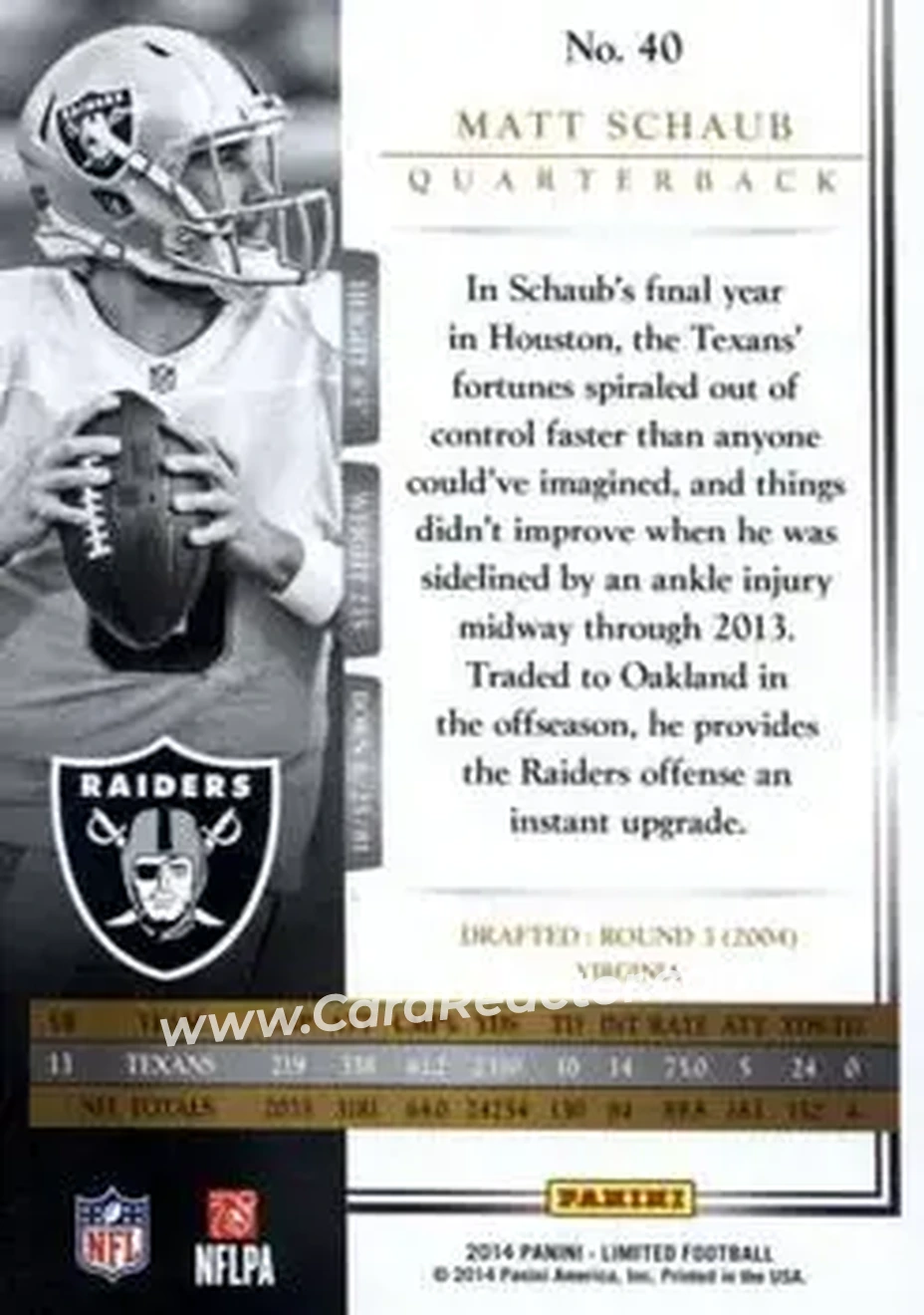 2014 Panini Limited #40 - Matt Schaub - Oakland Raiders - Back