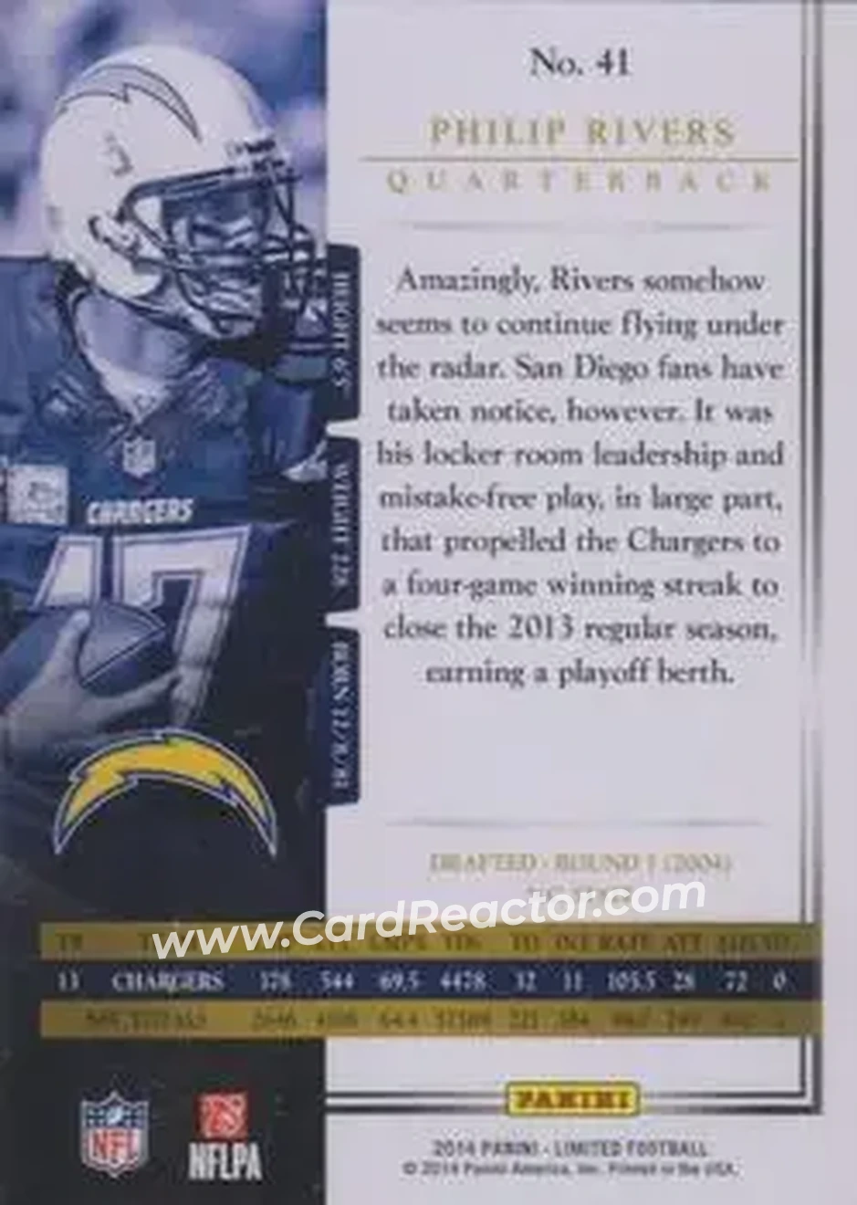 2014 Panini Limited #41 - Philip Rivers - San Diego Chargers - Back