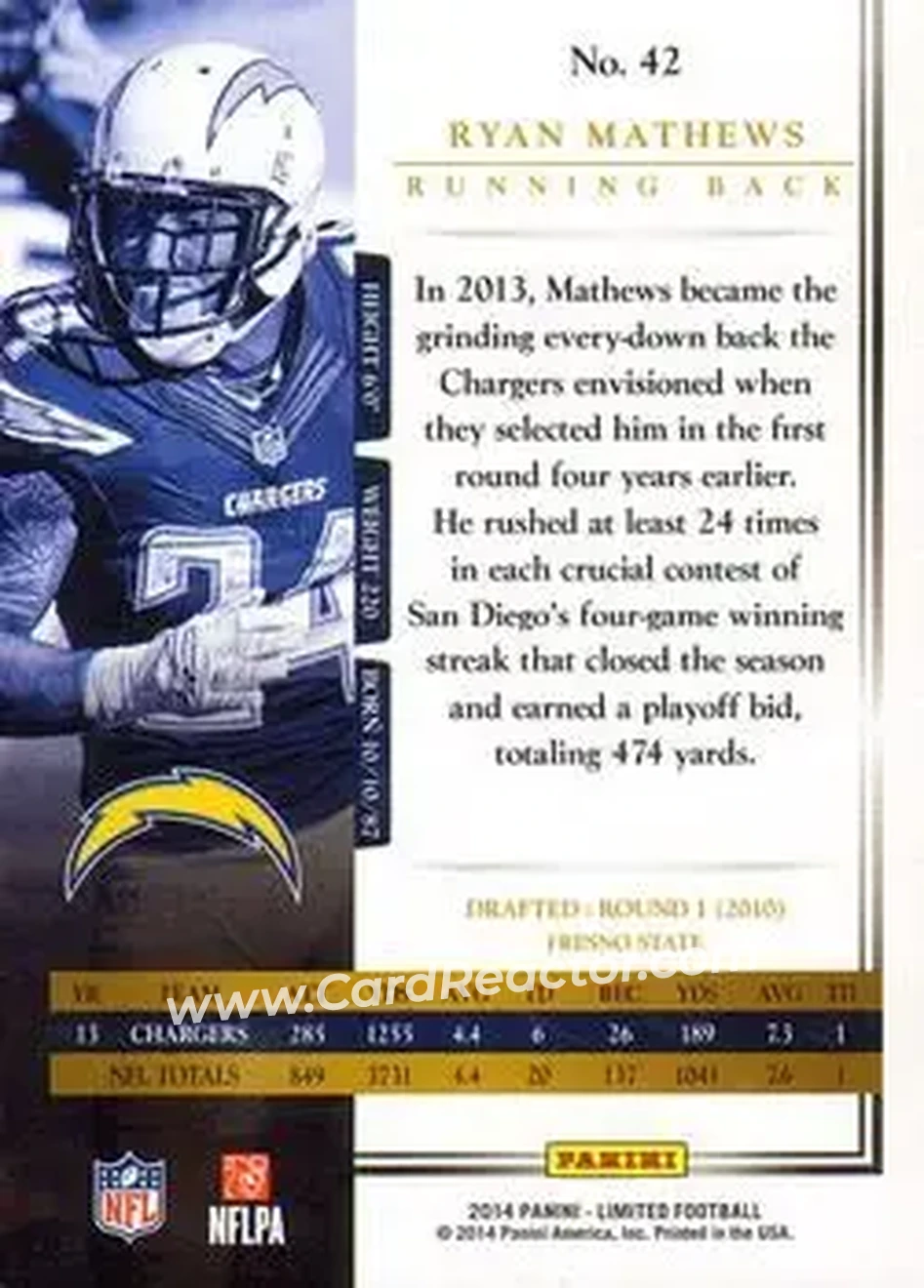 2014 Panini Limited #42 - Ryan Mathews - San Diego Chargers - Back