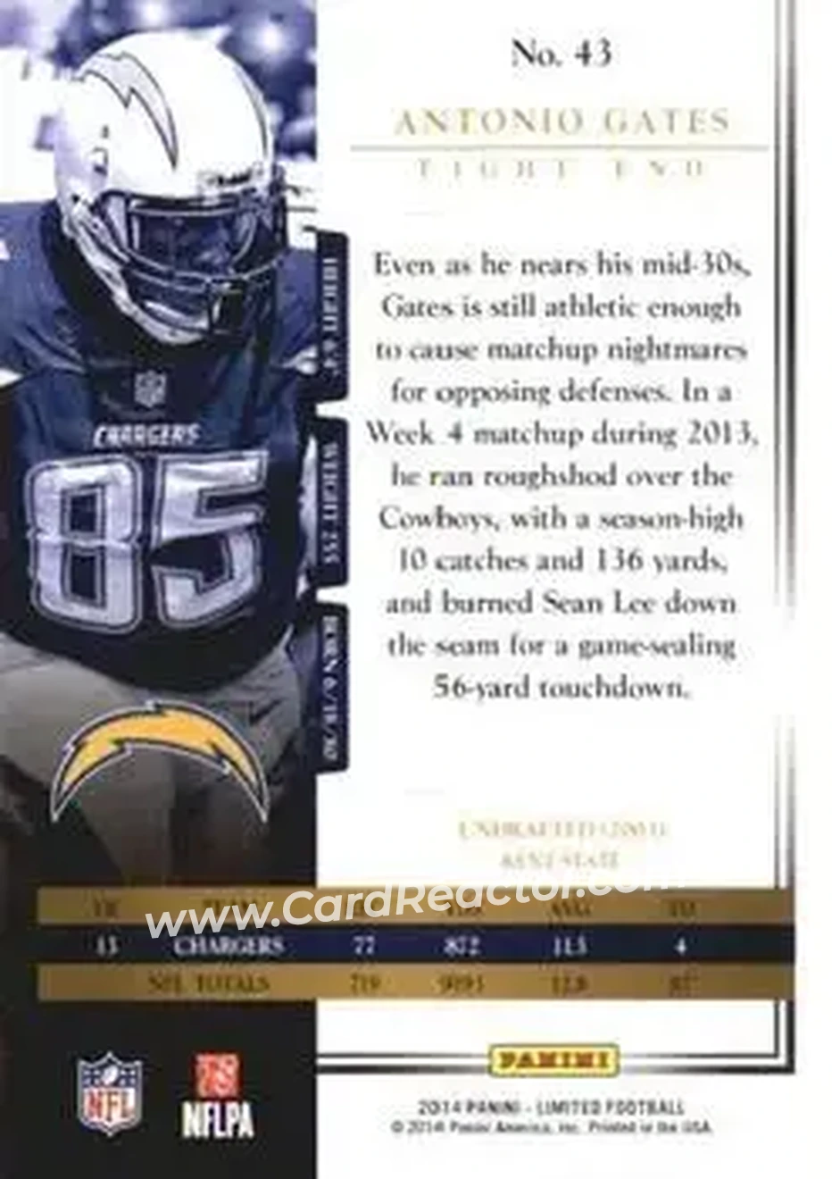 2014 Panini Limited #43 - Antonio Gates - San Diego Chargers - Back