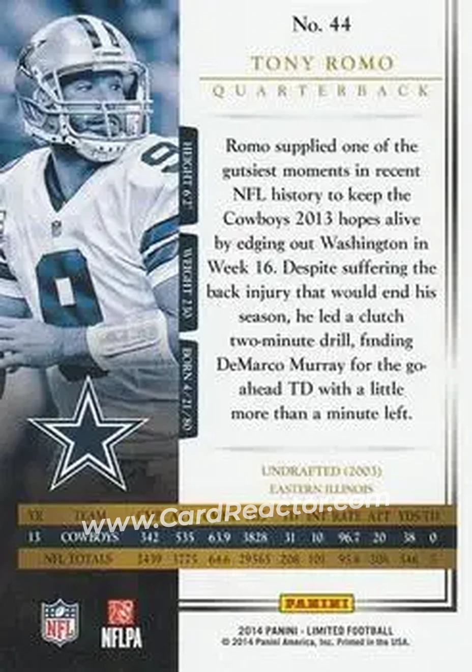 2014 Panini Limited #44 - Tony Romo - Dallas Cowboys - Back