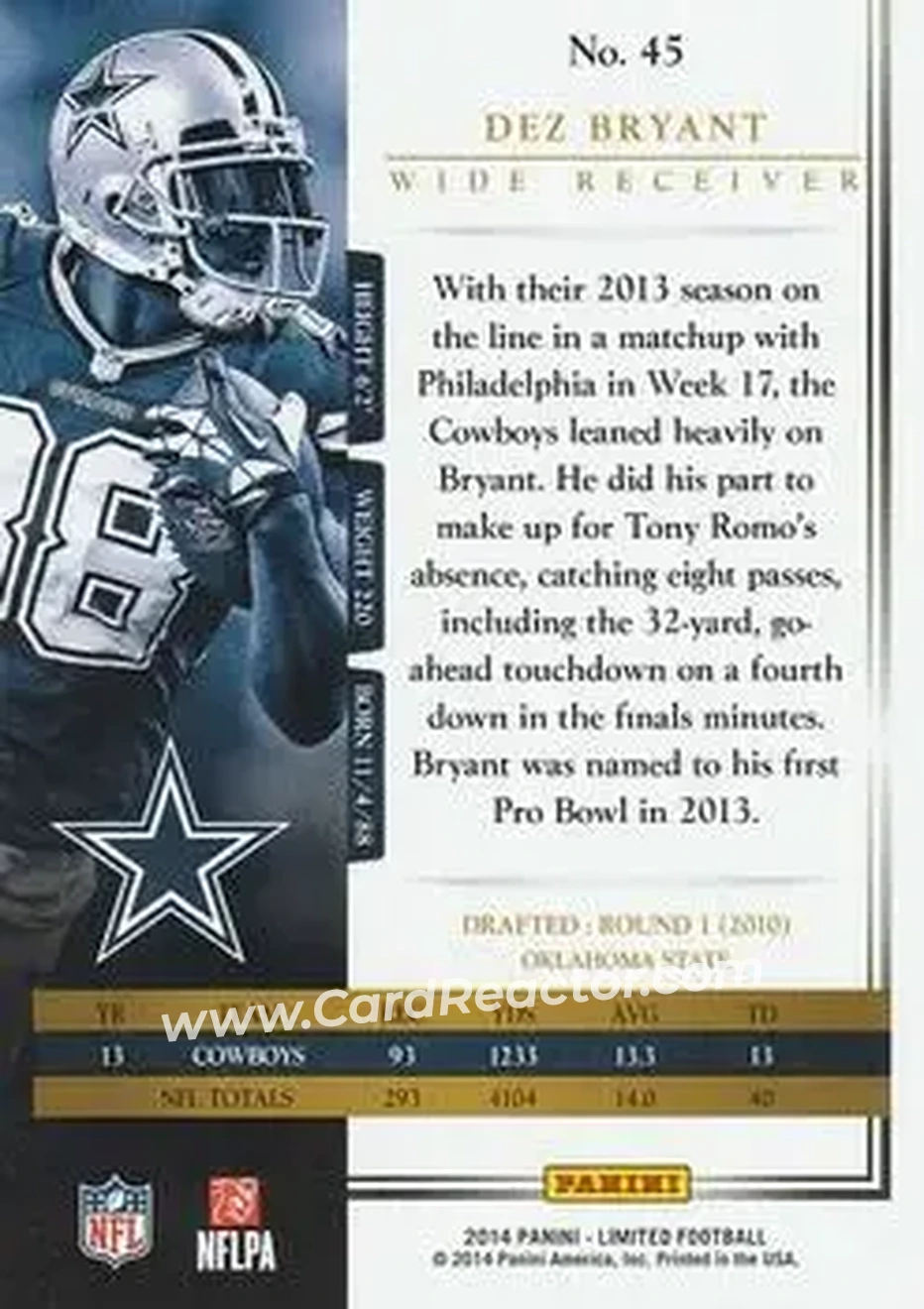 2014 Panini Limited #45 - Dez Bryant - Dallas Cowboys - Back