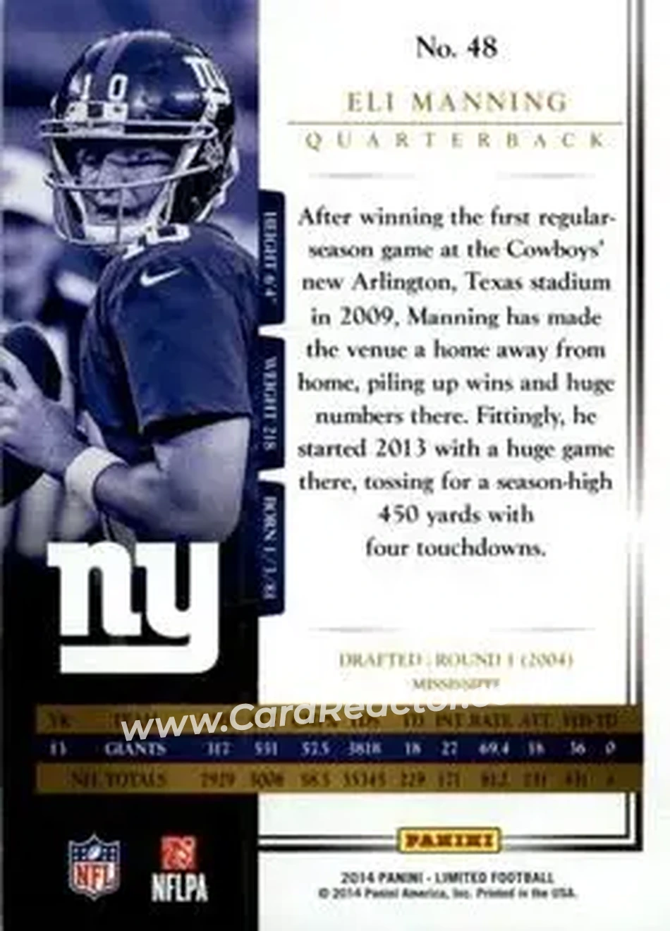 2014 Panini Limited #48 - Eli Manning - New York Giants - Back