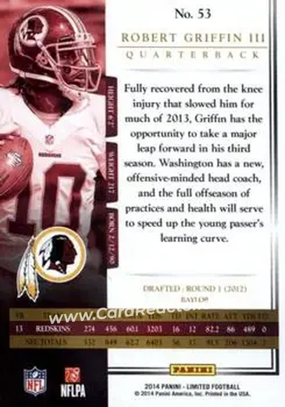 2014 Panini Limited #53 - Robert Griffin III - Washington Redskins - Back