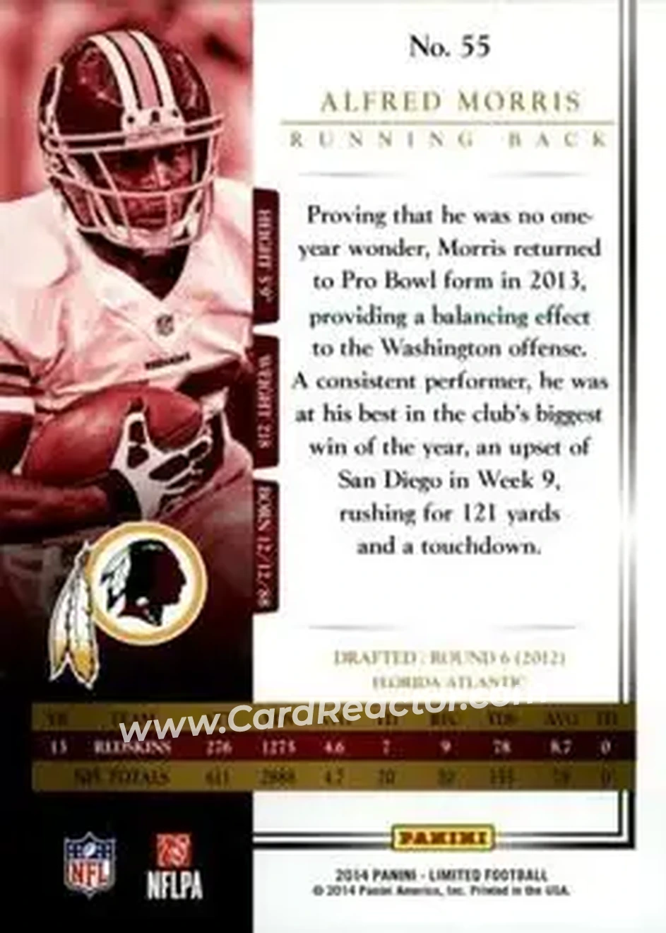 2014 Panini Limited #55 - Alfred Morris - Washington Redskins - Back