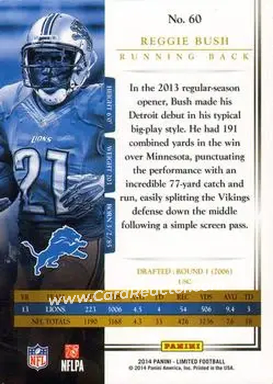 2014 Panini Limited #60 - Reggie Bush - Detroit Lions - Back