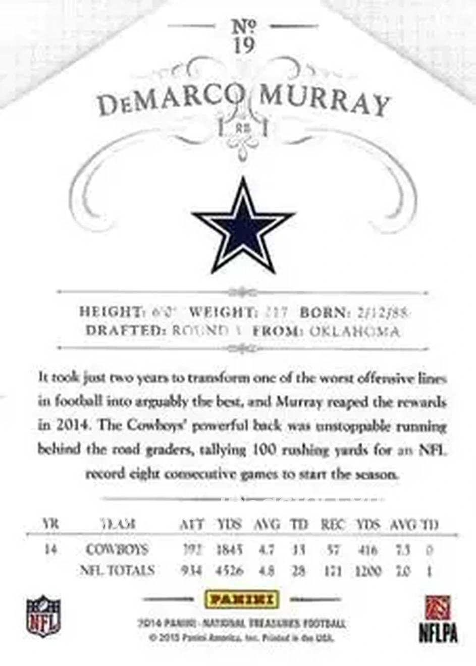 2014 Panini National Treasures #19 - DeMarco Murray - Dallas Cowboys - Back