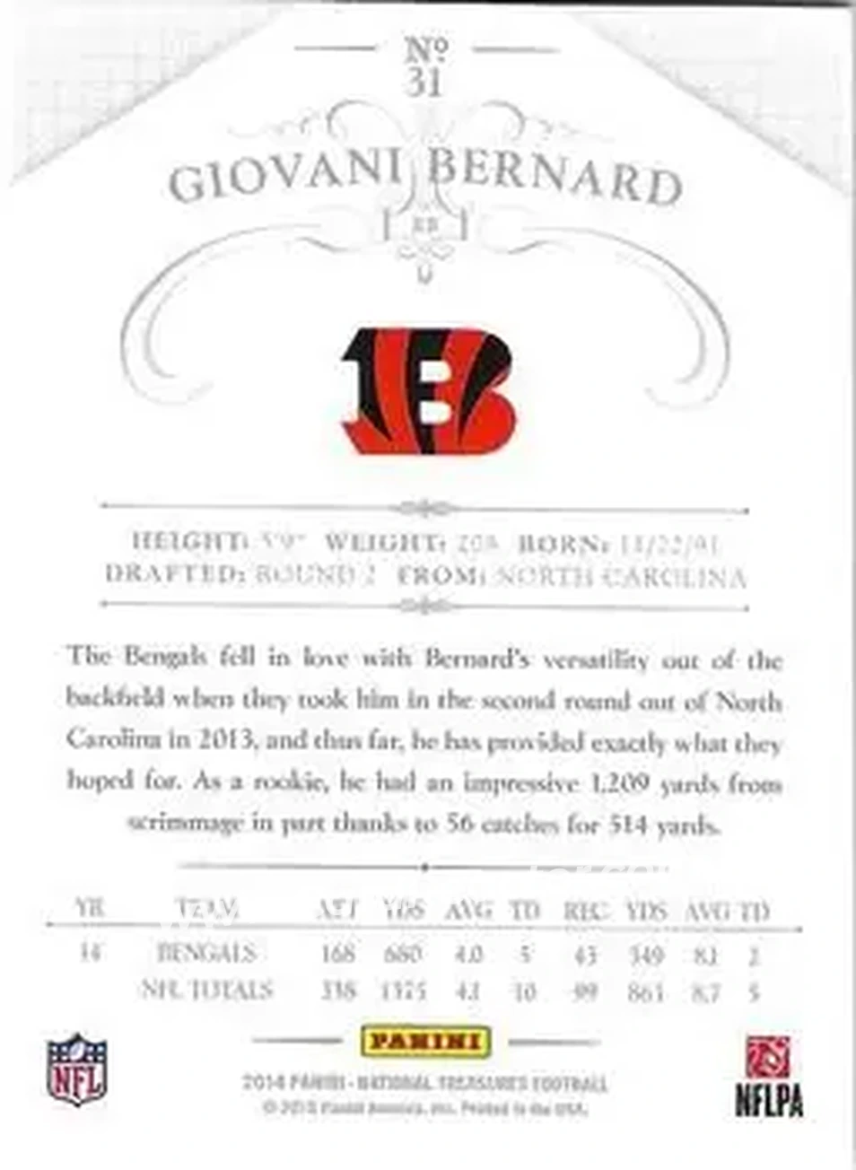 2014 Panini National Treasures #31 - Giovani Bernard - Cincinnati Bengals - Back