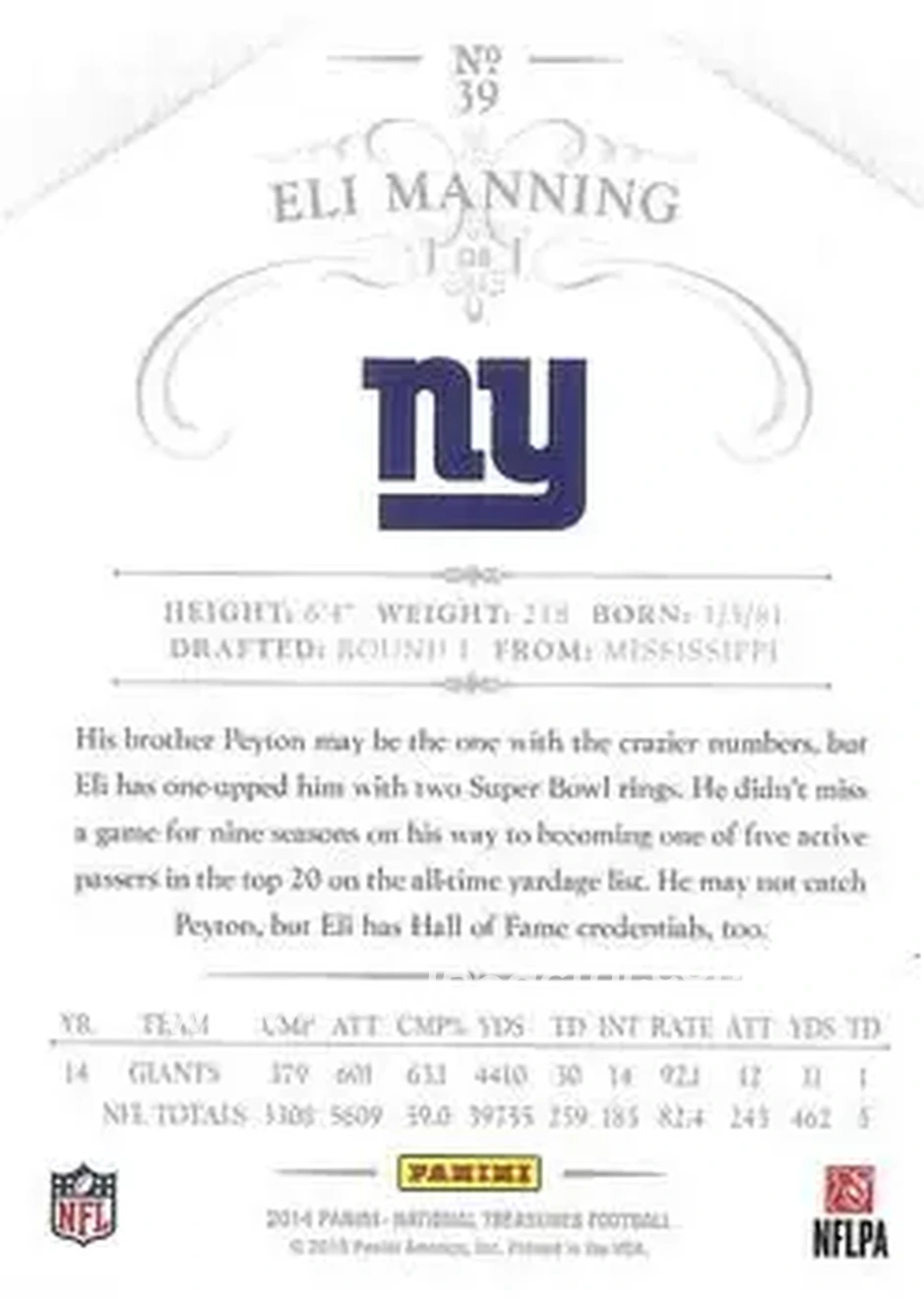 2014 Panini National Treasures #39 - Eli Manning - New York Giants - Back