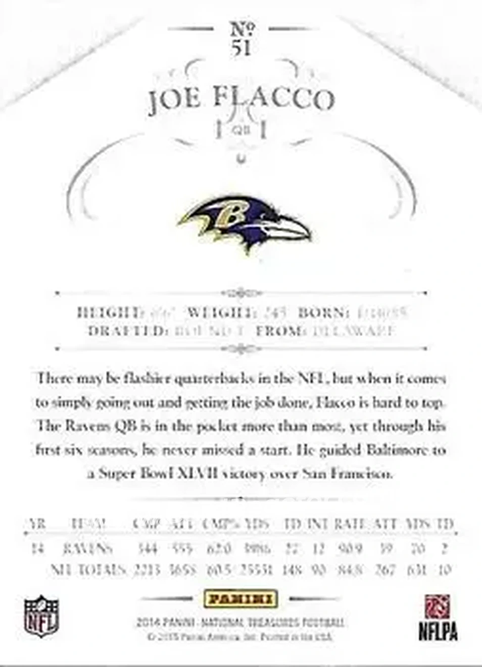 2014 Panini National Treasures #51 - Joe Flacco - Baltimore Ravens - Back
