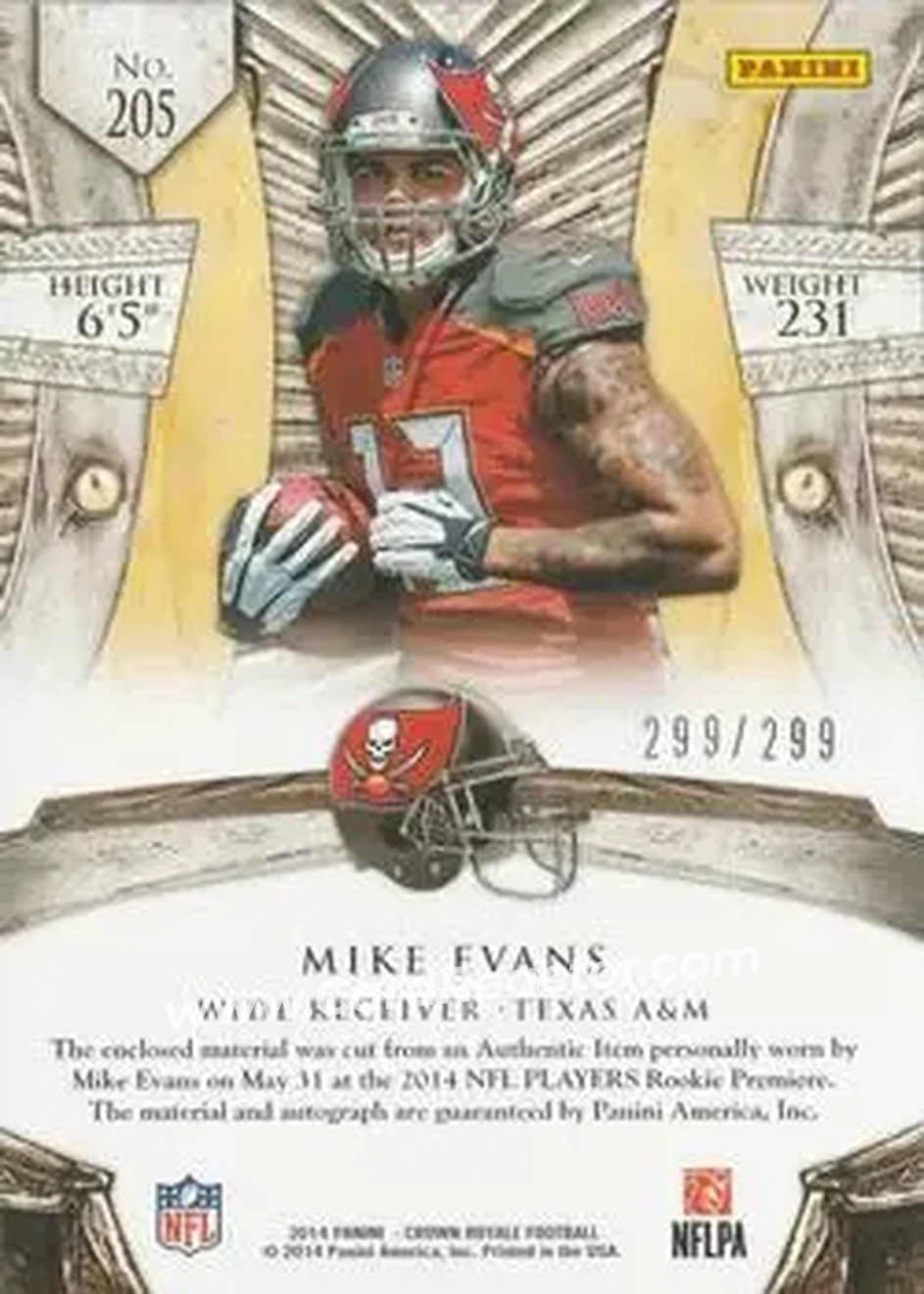 2014 Panini Crown Royale #205 - Mike Evans - Tampa Bay Buccaneers - Back