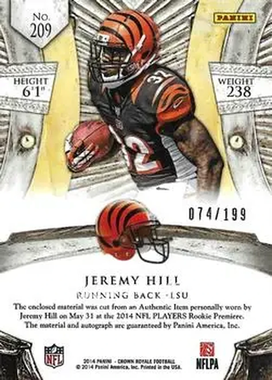 2014 Panini Crown Royale #209 - Jeremy Hill - Cincinnati Bengals - Back