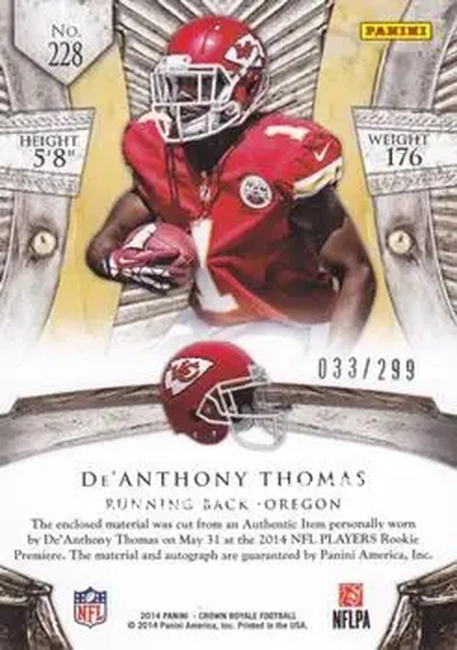 2014 Panini Crown Royale #228 - De'Anthony Thomas - Kansas City Chiefs - Back