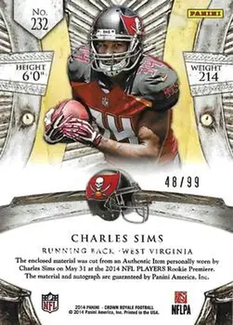 2014 Panini Crown Royale #232 - Charles Sims - Tampa Bay Buccaneers - Back