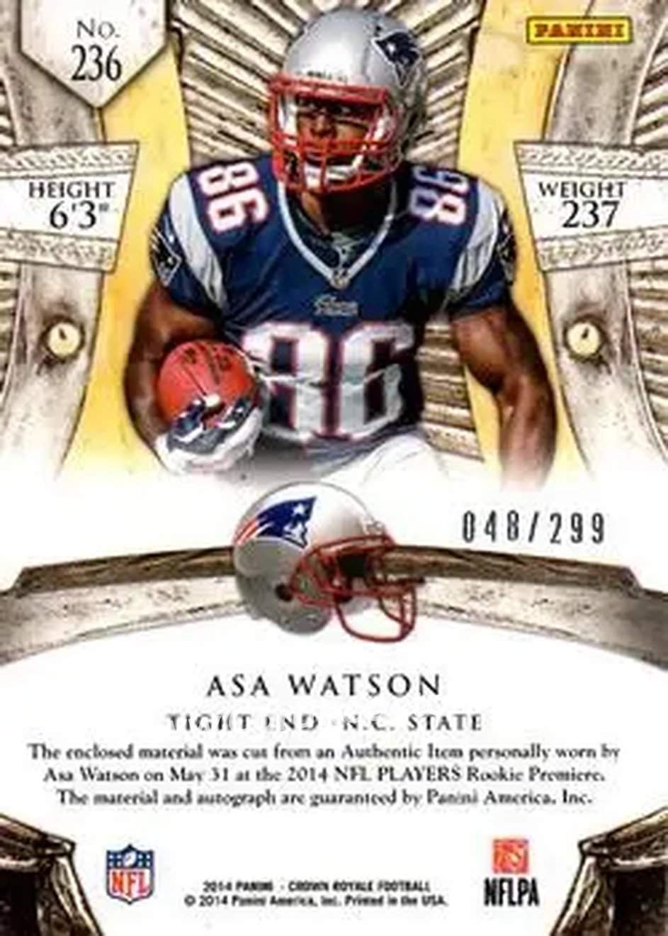 2014 Panini Crown Royale #236 - Asa Watson - New England Patriots - Back