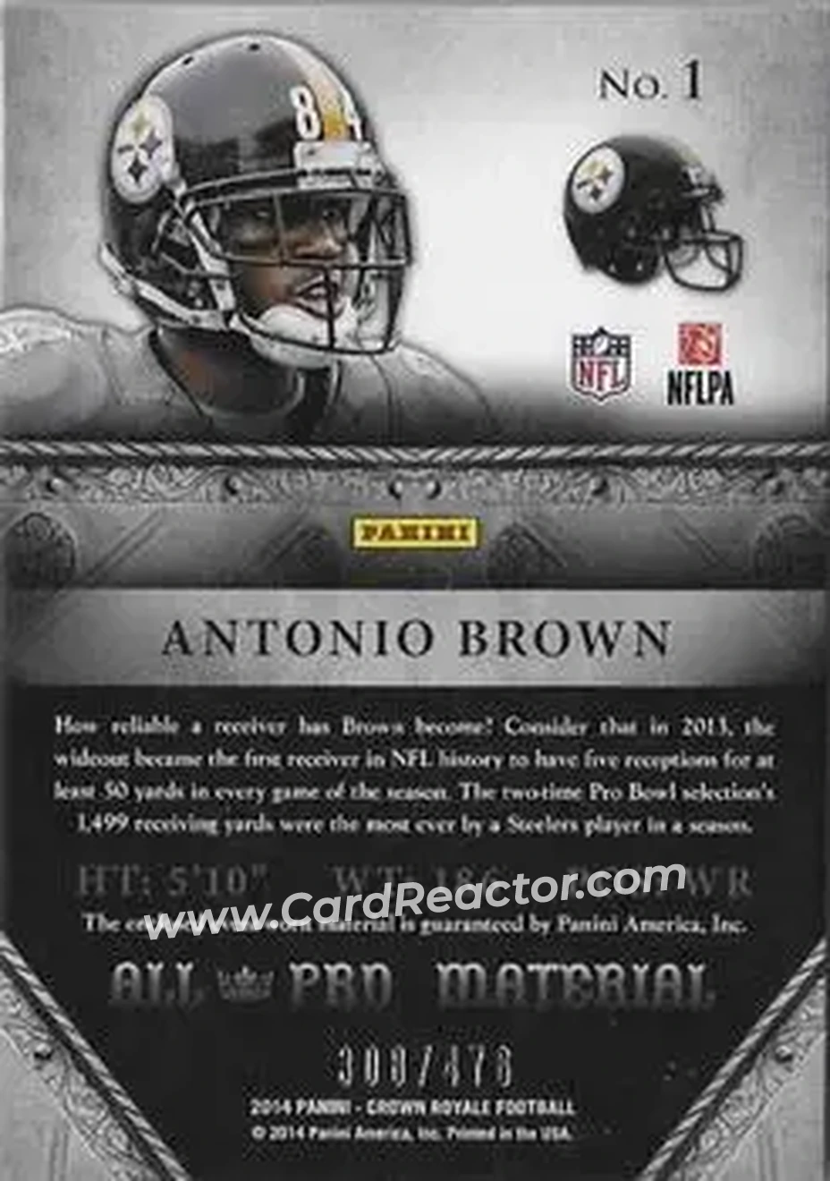 2014 Panini Crown Royale - All-Pro Materials #1 - Antonio Brown - Pittsburgh Steelers - Back 2014 Panini Crown Royale - All-Pro Materials #1 - Antonio Brown - Pittsburgh Steelers - Back