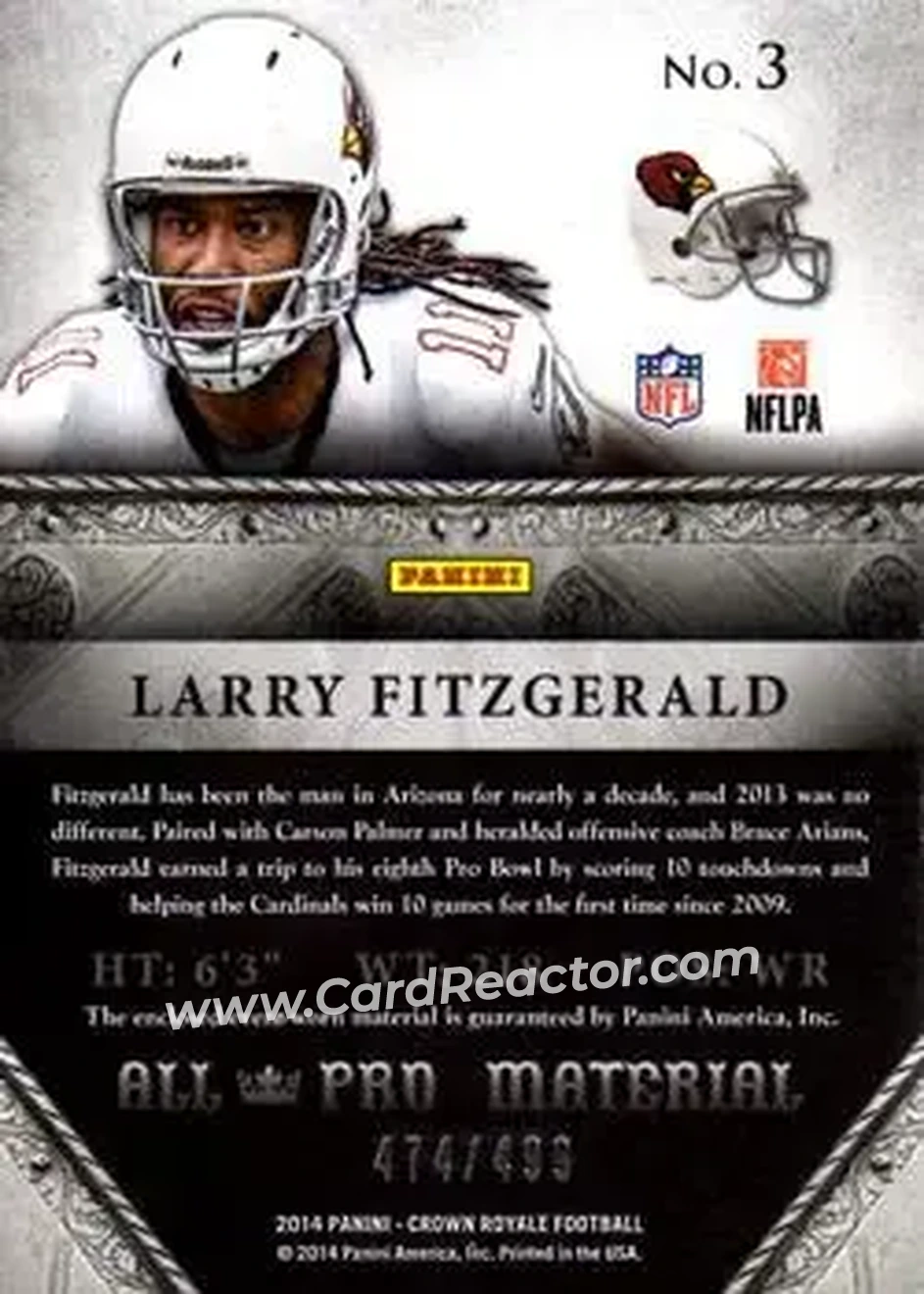 2014 Panini Crown Royale - All-Pro Materials #3 - Larry Fitzgerald - Arizona Cardinals - Back 2014 Panini Crown Royale - All-Pro Materials #3 - Larry Fitzgerald - Arizona Cardinals - Back