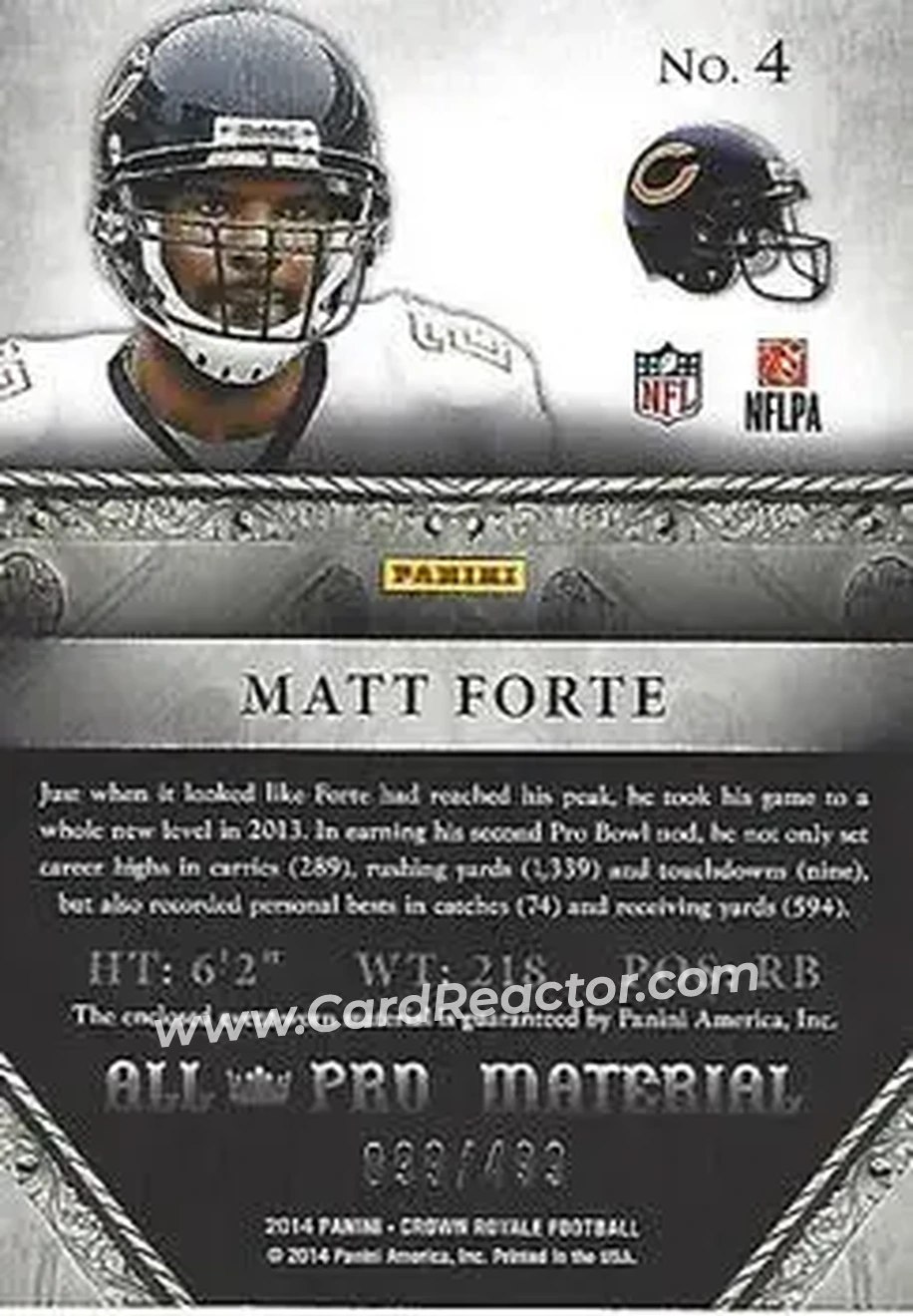2014 Panini Crown Royale - All-Pro Materials #4 - Matt Forte - Chicago Bears - Back 2014 Panini Crown Royale - All-Pro Materials #4 - Matt Forte - Chicago Bears - Back