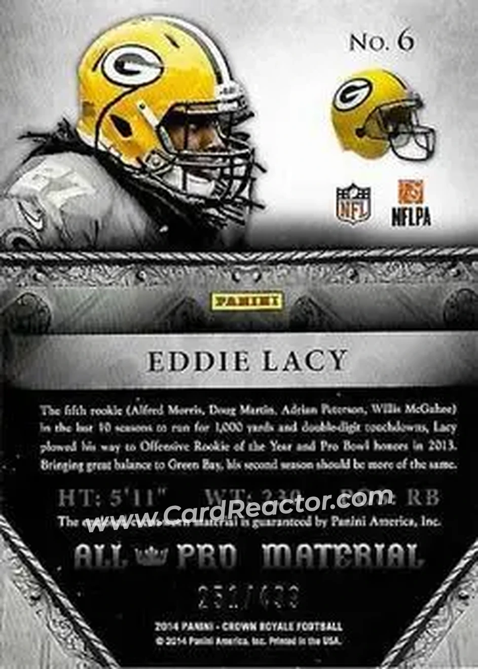 2014 Panini Crown Royale - All-Pro Materials #6 - Eddie Lacy - Green Bay Packers - Back 2014 Panini Crown Royale - All-Pro Materials #6 - Eddie Lacy - Green Bay Packers - Back