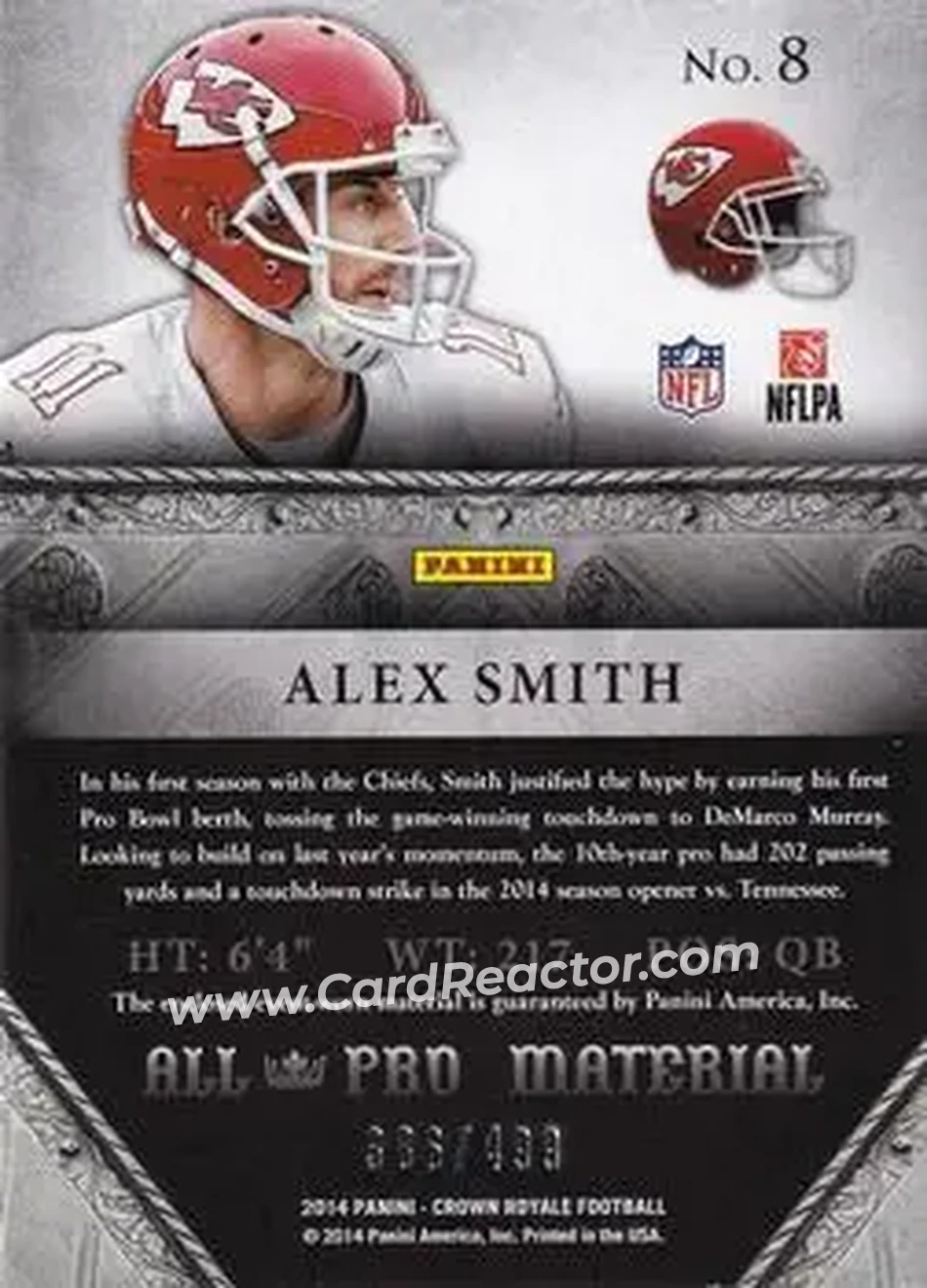 2014 Panini Crown Royale - All-Pro Materials #8 - Alex Smith - Kansas City Chiefs - Back