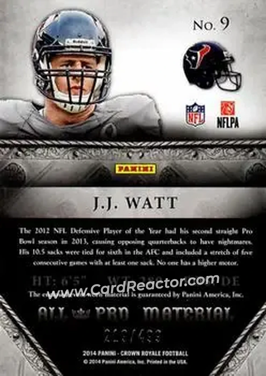 2014 Panini Crown Royale - All-Pro Materials #9 - J.J. Watt - Houston Texans - Back