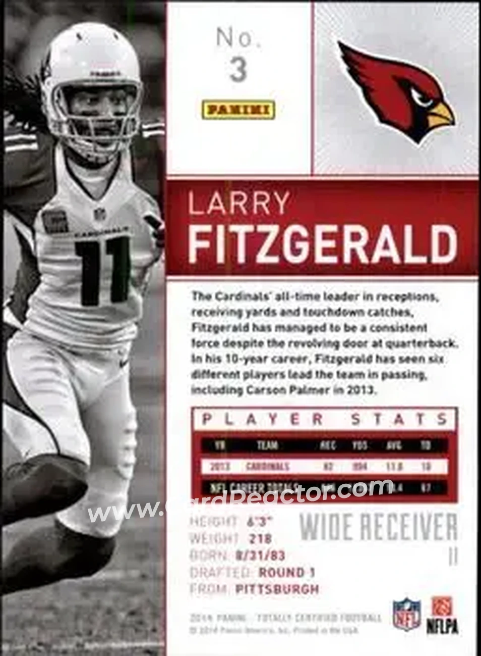 2014 Panini Totally Certified #3 - Larry Fitzgerald - Arizona Cardinals - Back