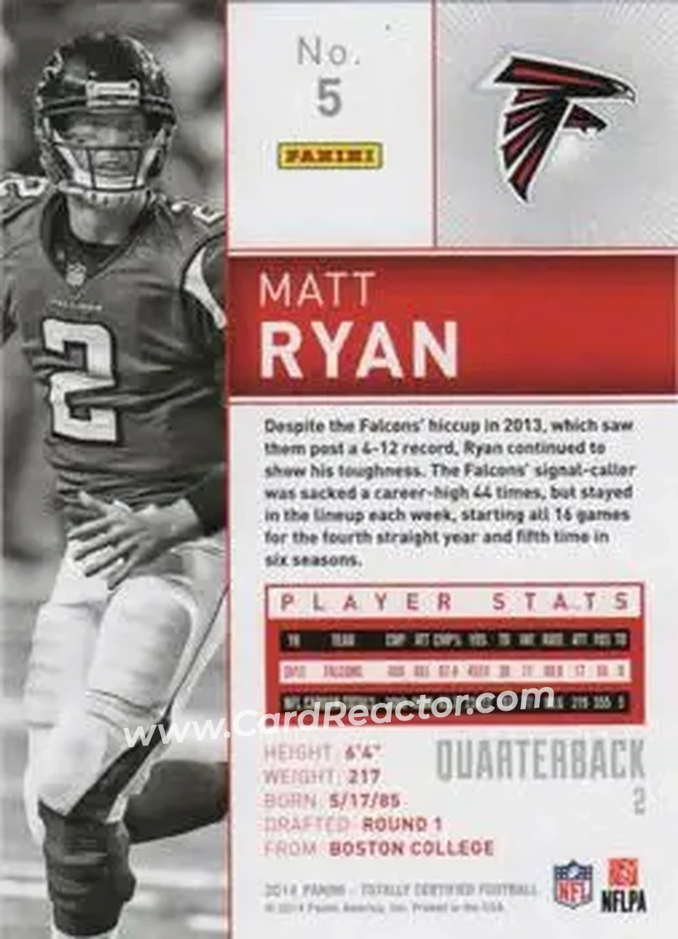 2014 Panini Totally Certified #5 - Matt Ryan - Atlanta Falcons - Back