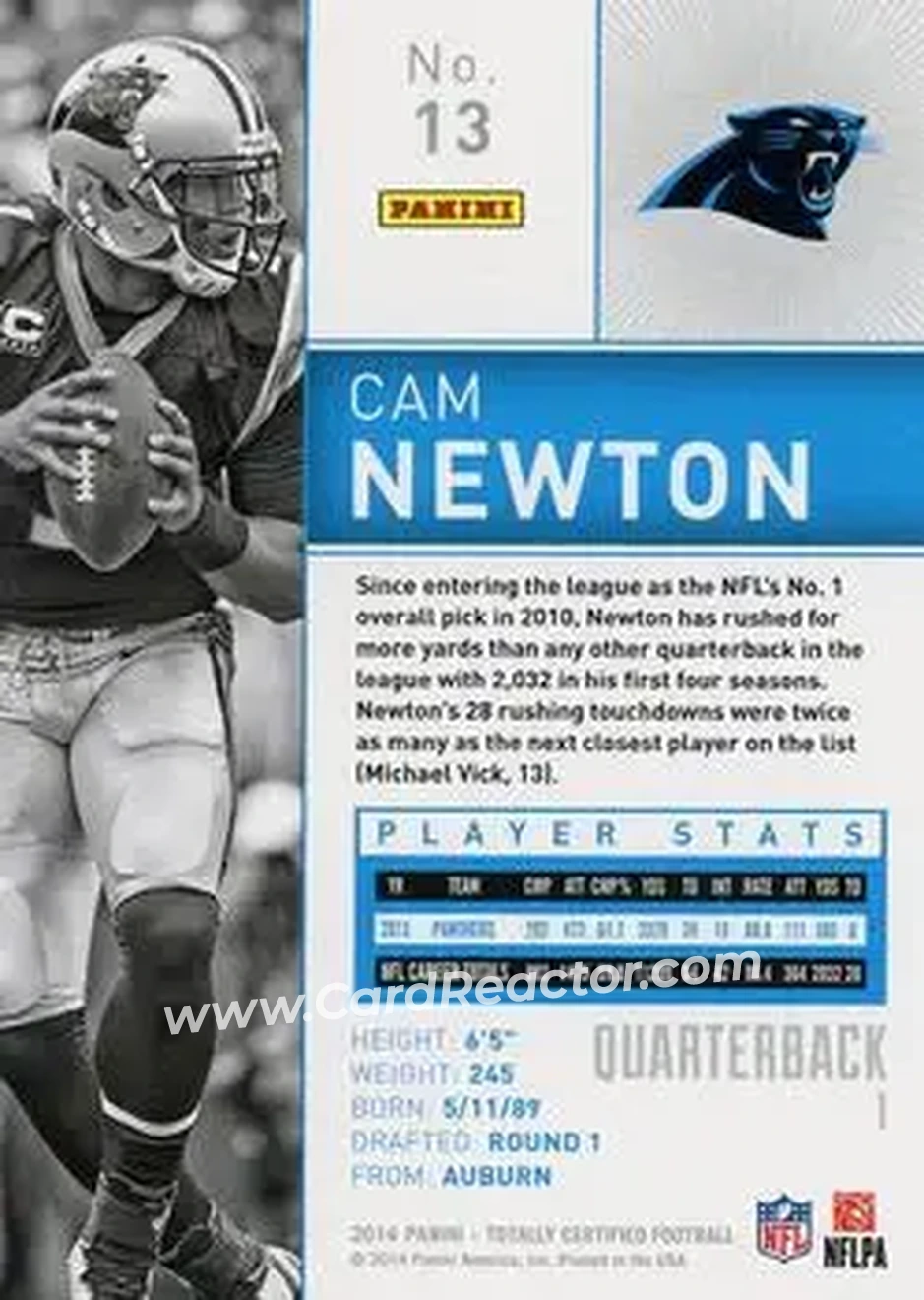 2014 Panini Totally Certified #13 - Cam Newton - Carolina Panthers - Back 2014 Panini Totally Certified #13 - Cam Newton - Carolina Panthers - Back