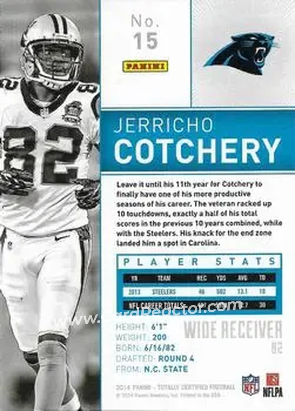 2014 Panini Totally Certified #15 - Jerricho Cotchery - Carolina Panthers - Back