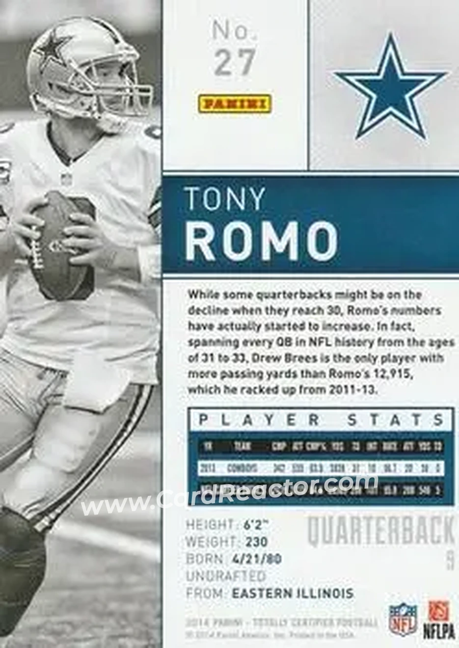 2014 Panini Totally Certified #27 - Tony Romo - Dallas Cowboys - Back