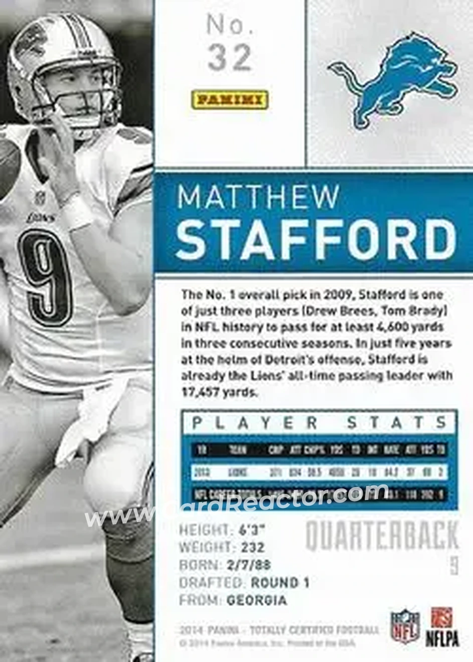 2014 Panini Totally Certified #32 - Matthew Stafford - Detroit Lions - Back