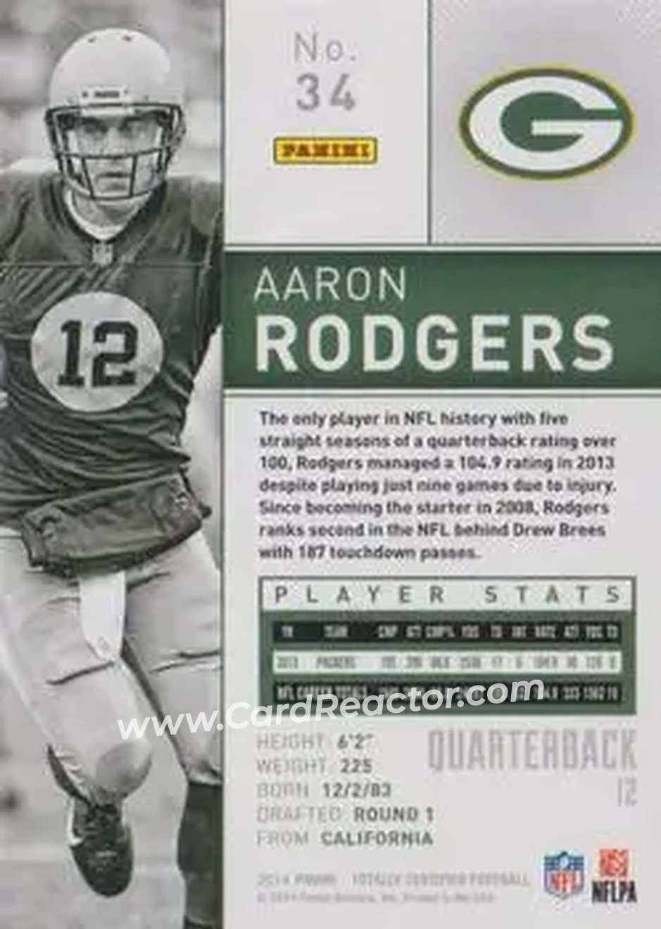 2014 Panini Totally Certified #34 - Aaron Rodgers - Green Bay Packers - Back