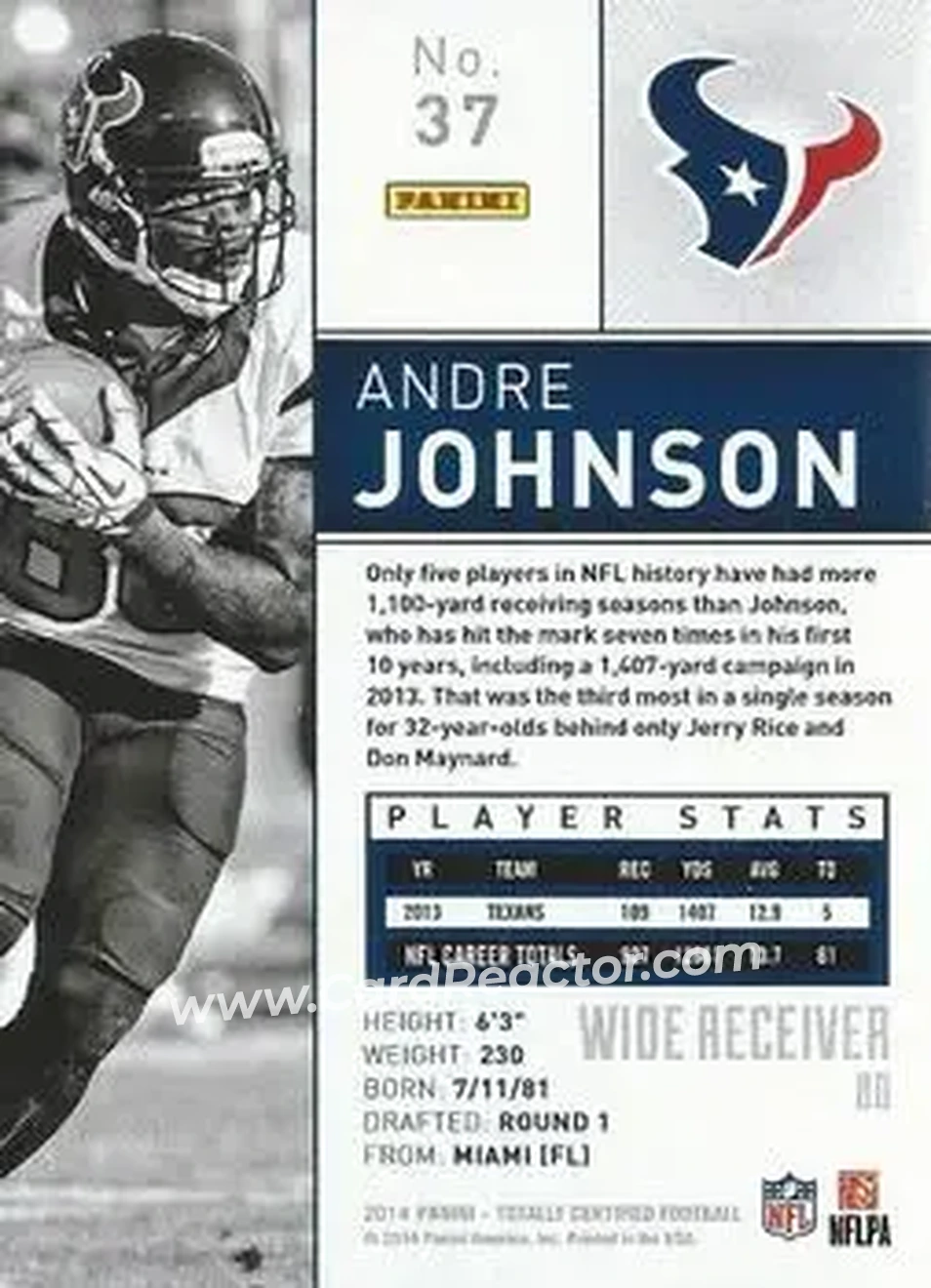 2014 Panini Totally Certified #37 - Andre Johnson - Houston Texans - Back