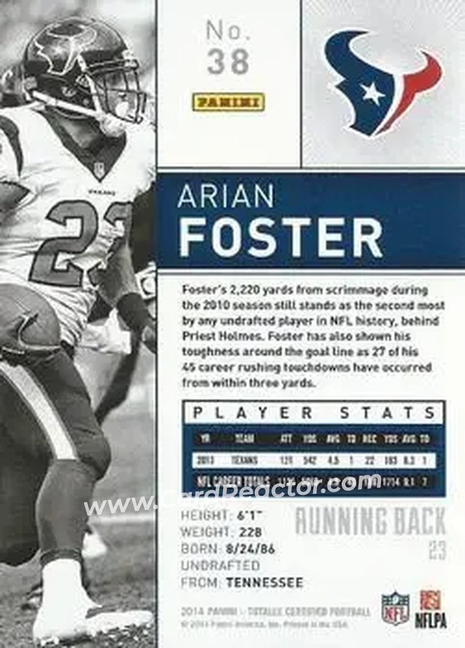2014 Panini Totally Certified #38 - Arian Foster - Houston Texans - Back