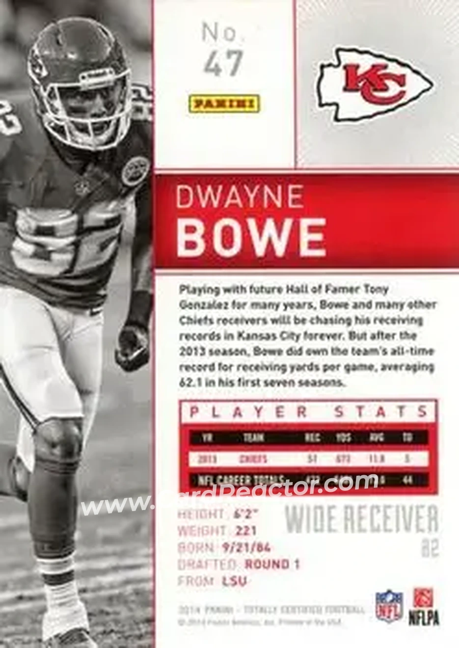 2014 Panini Totally Certified #47 - Dwayne Bowe - Kansas City Chiefs - Back