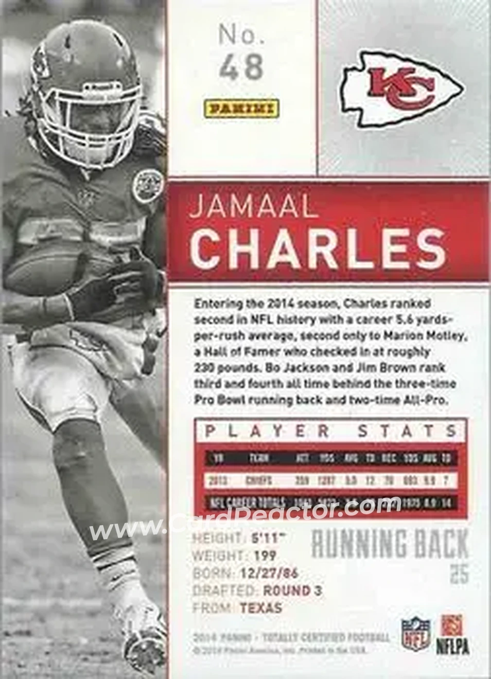 2014 Panini Totally Certified #48 - Jamaal Charles - Kansas City Chiefs - Back