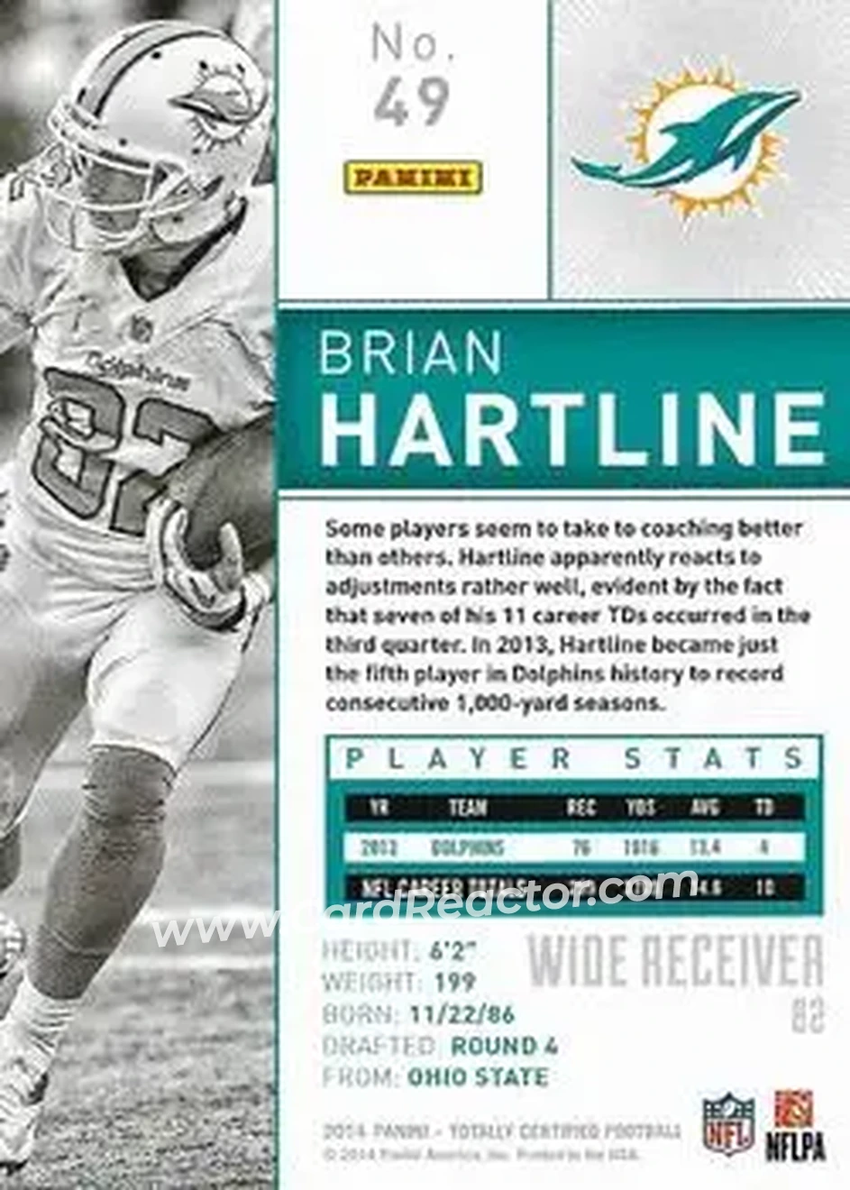 2014 Panini Totally Certified #49 - Brian Hartline - Miami Dolphins - Back