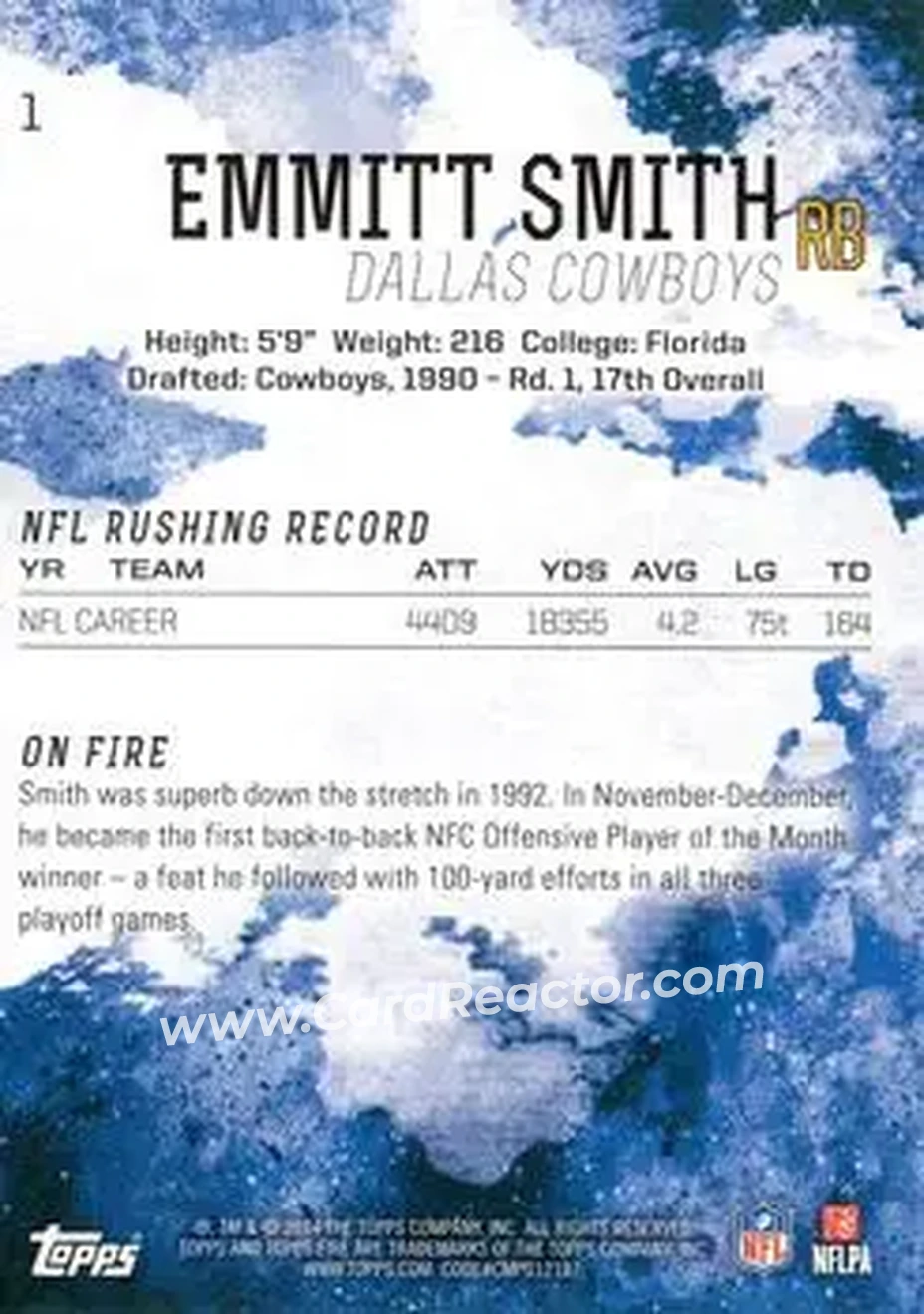 2014 Topps Fire #1 - Emmitt Smith - Dallas Cowboys - Back