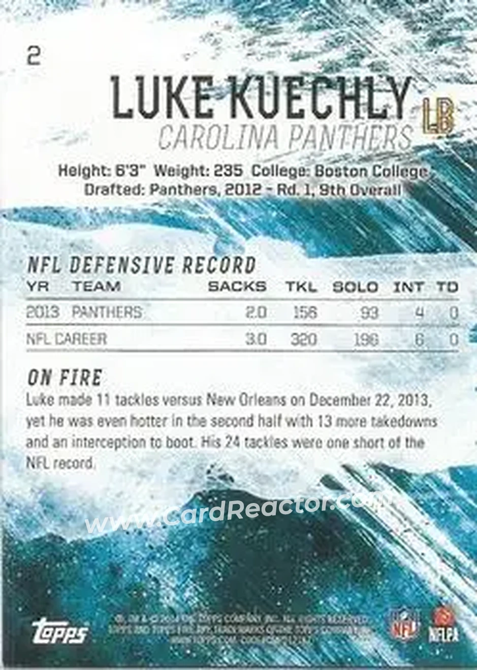 2014 Topps Fire #2 - Luke Kuechly - Carolina Panthers - Back