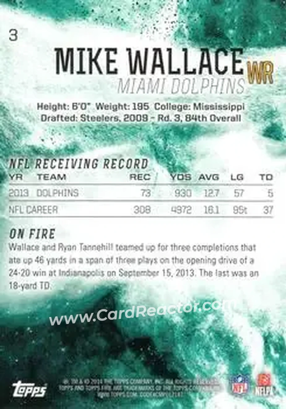 2014 Topps Fire #3 - Mike Wallace - Miami Dolphins - Back