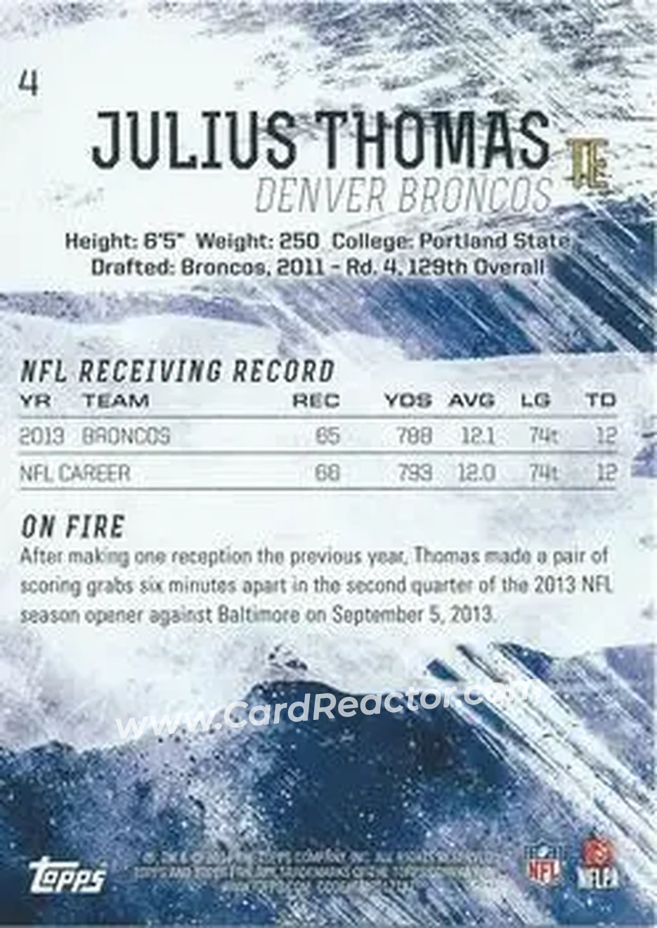 2014 Topps Fire #4 - Julius Thomas - Denver Broncos - Back
