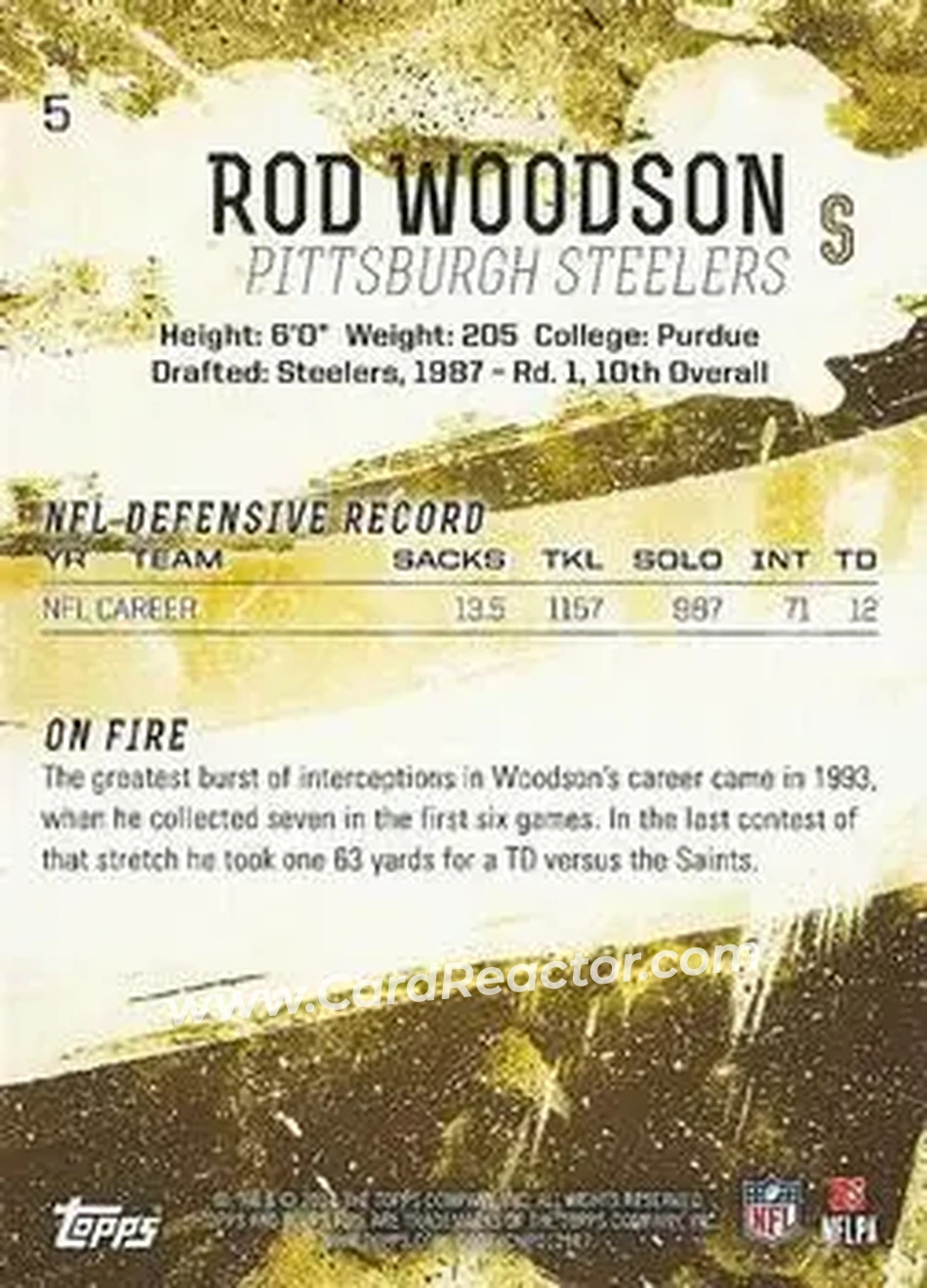 2014 Topps Fire #5 - Rod Woodson - Pittsburgh Steelers - Back