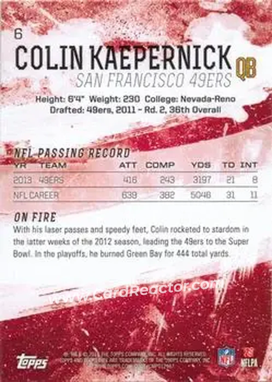 2014 Topps Fire #6 - Colin Kaepernick - San Francisco 49ers - Back
