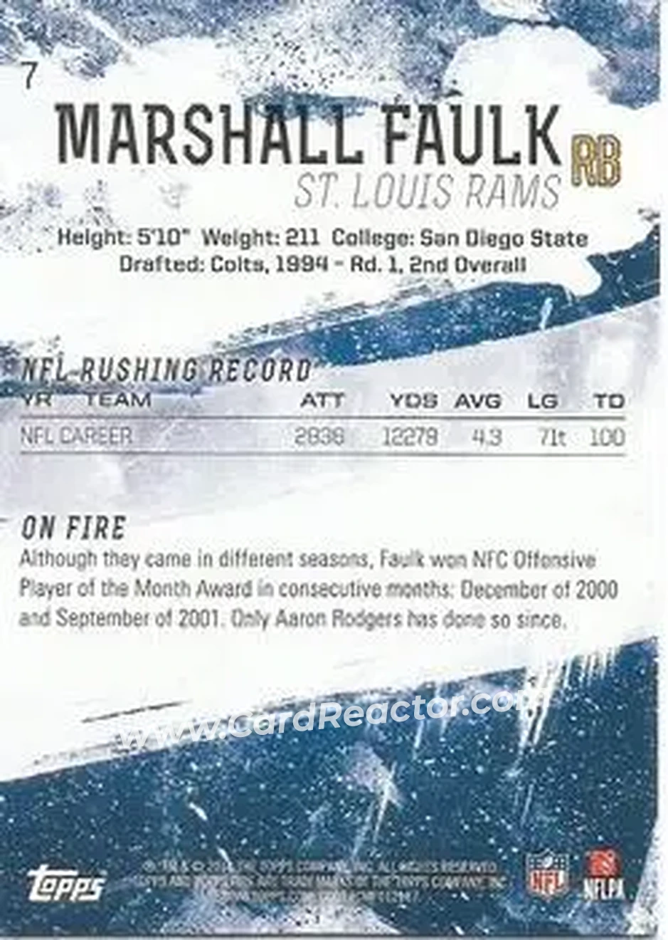2014 Topps Fire #7 - Marshall Faulk - St. Louis Rams - Back