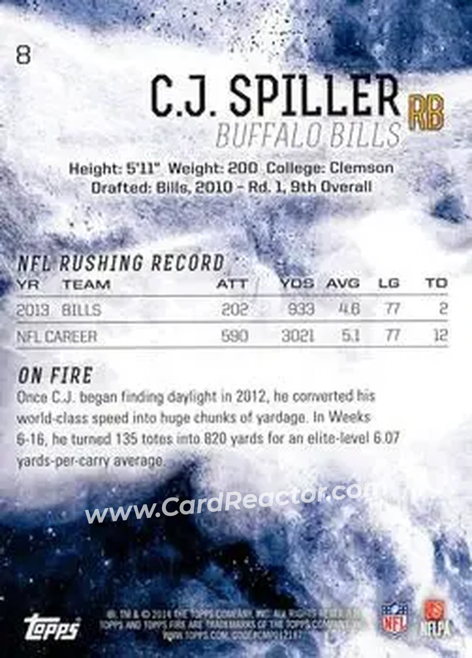 2014 Topps Fire #8 - C.J. Spiller - Buffalo Bills - Back