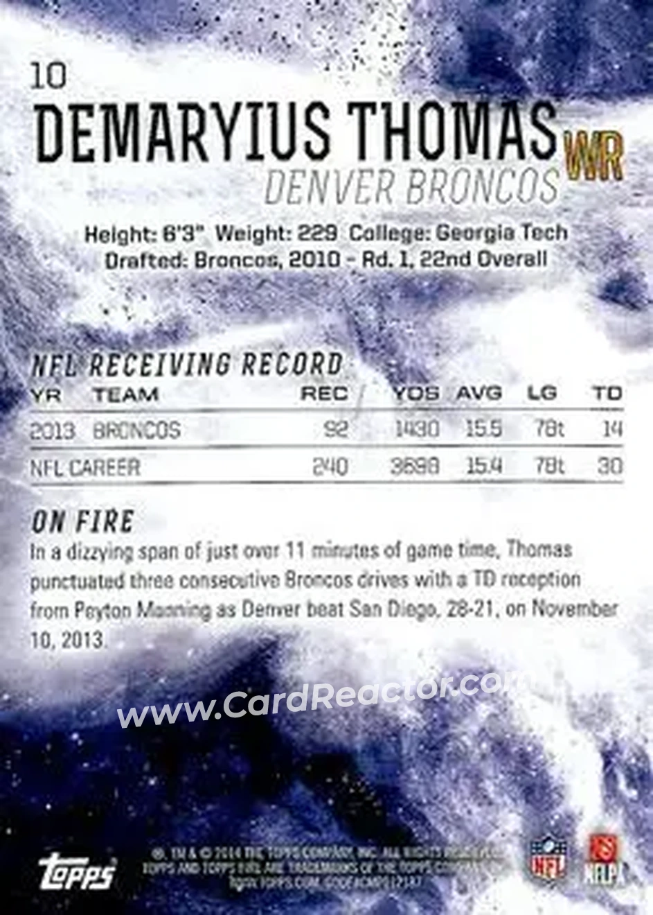 2014 Topps Fire #10 - Demaryius Thomas - Denver Broncos - Back