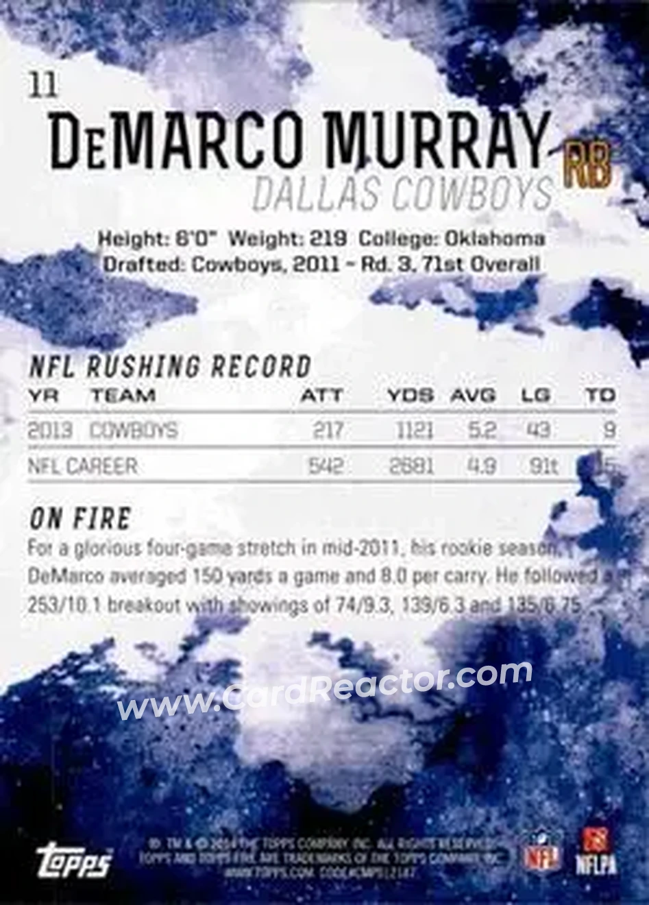 2014 Topps Fire #11 - DeMarco Murray - Dallas Cowboys - Back